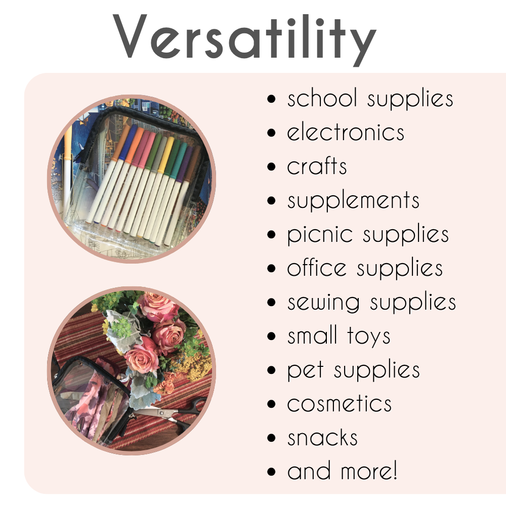 clear bag with markers and small garden supplies demonstrating versatility and uses of bag