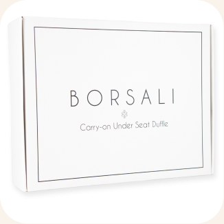 A white rectangular product box with the brand name BORSALI and the text 'Carry-on Under Seat Duffle' printed on the front, shown on a light gray background.