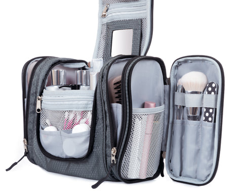Travel Hanging Toiletry Bag Set by Borsali - Hanging Bag with TSA Approved Clear Travel Toiletries Bag - Gray with Mirror